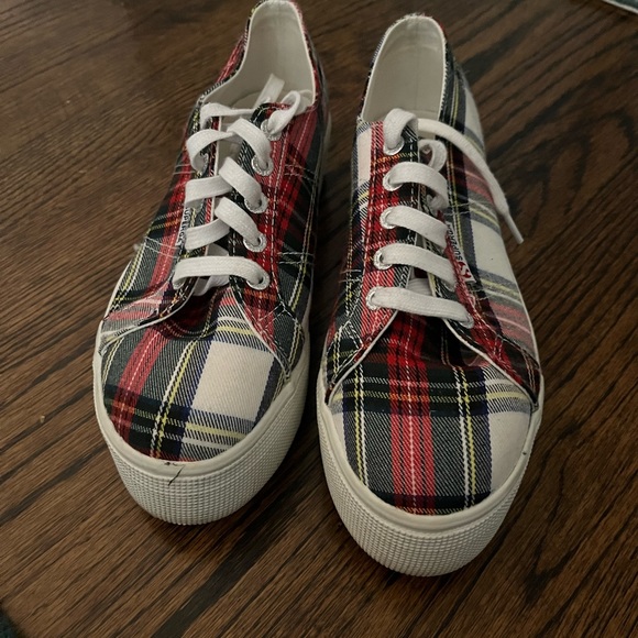 Superga size 38 (7.5 W) red & black plaid platform sneakers - Picture 2 of 5
